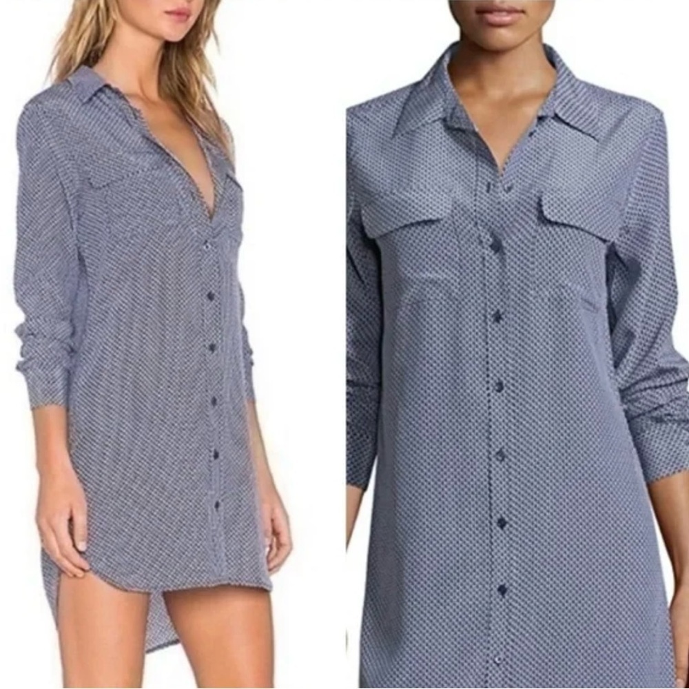 Equipment 100% Silk Signature Shirt Dress Blue Geo Print Size Small